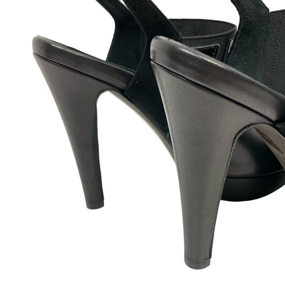 Dana Davis | Annie Black Leather Slingback Peep Toe Tall Heel Platform Sandals - Picture 7 of 9